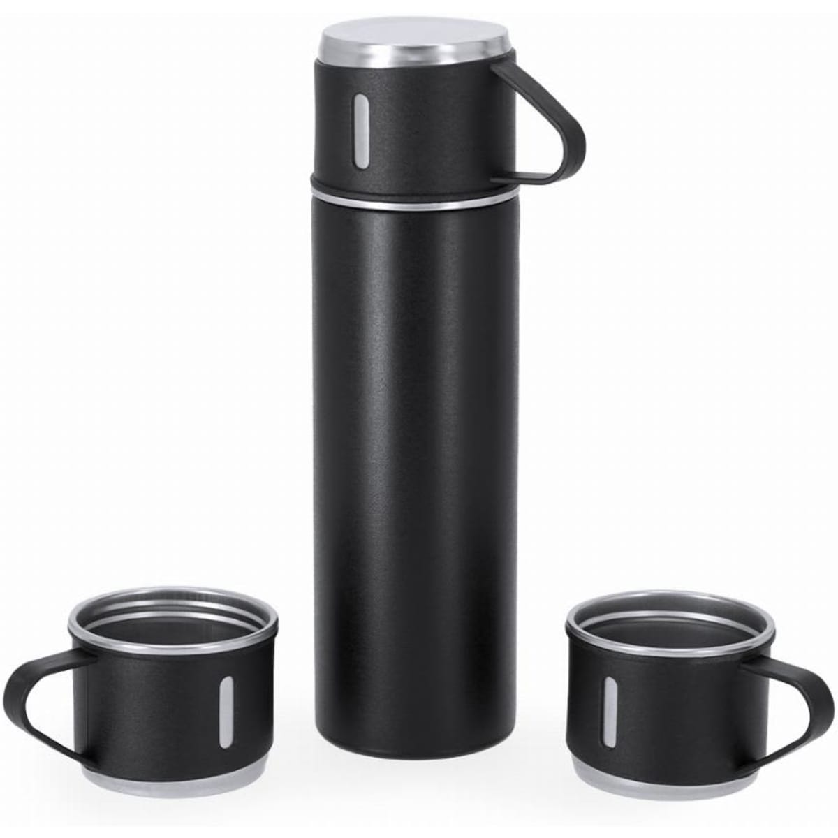 A drink bottle in black with silver accents, accompanied by two matching cups, all featuring a sleek design.