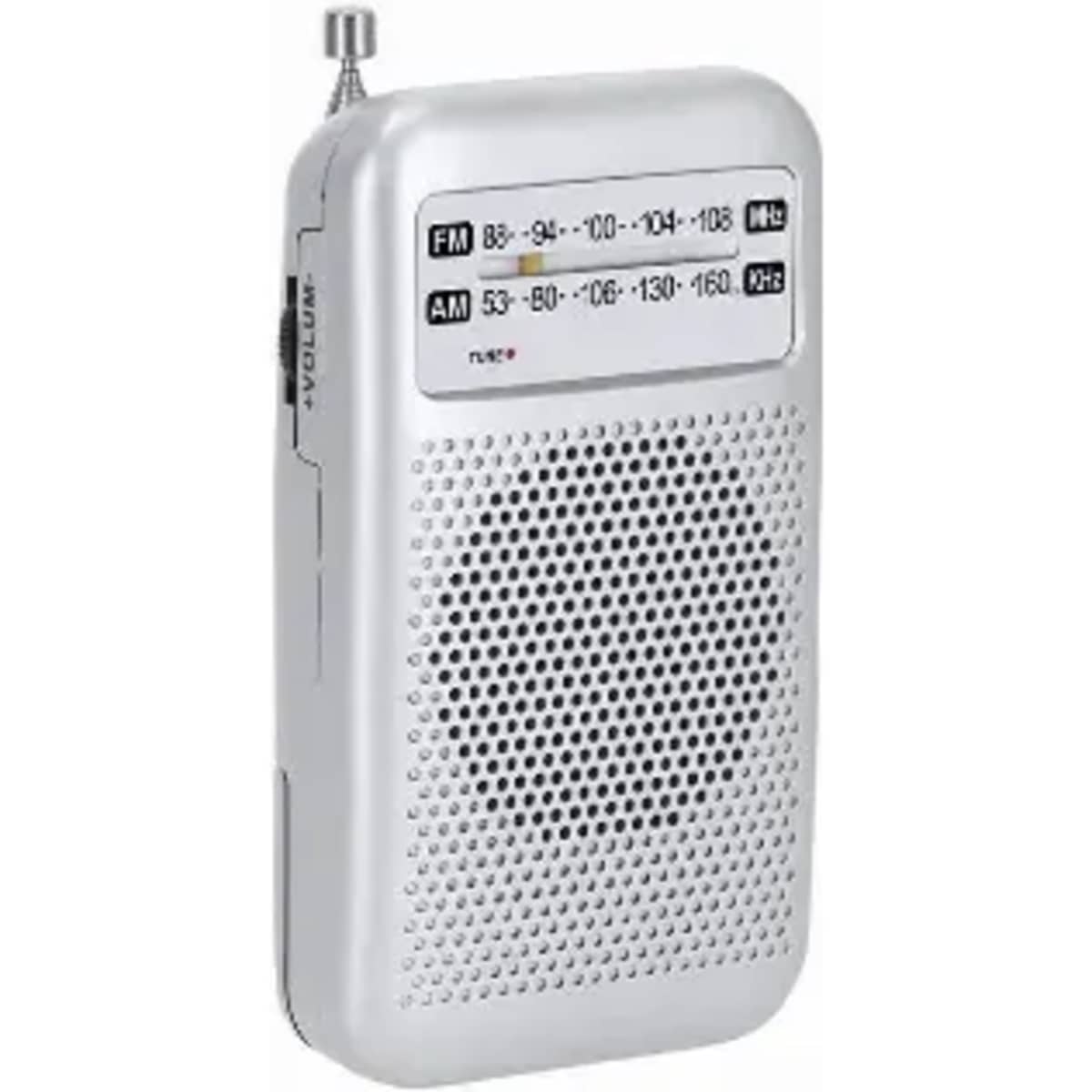 A portable radio in silver with a speaker grill, displaying FM and AM frequency dials and an antenna.