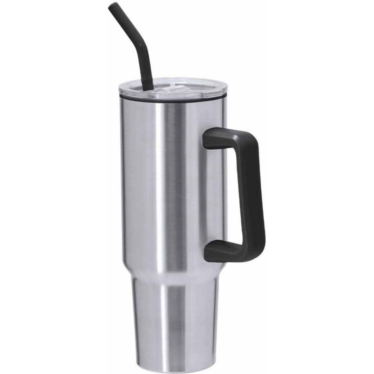 A drink bottle in stainless steel with a black handle and straw, featuring a secure lid.