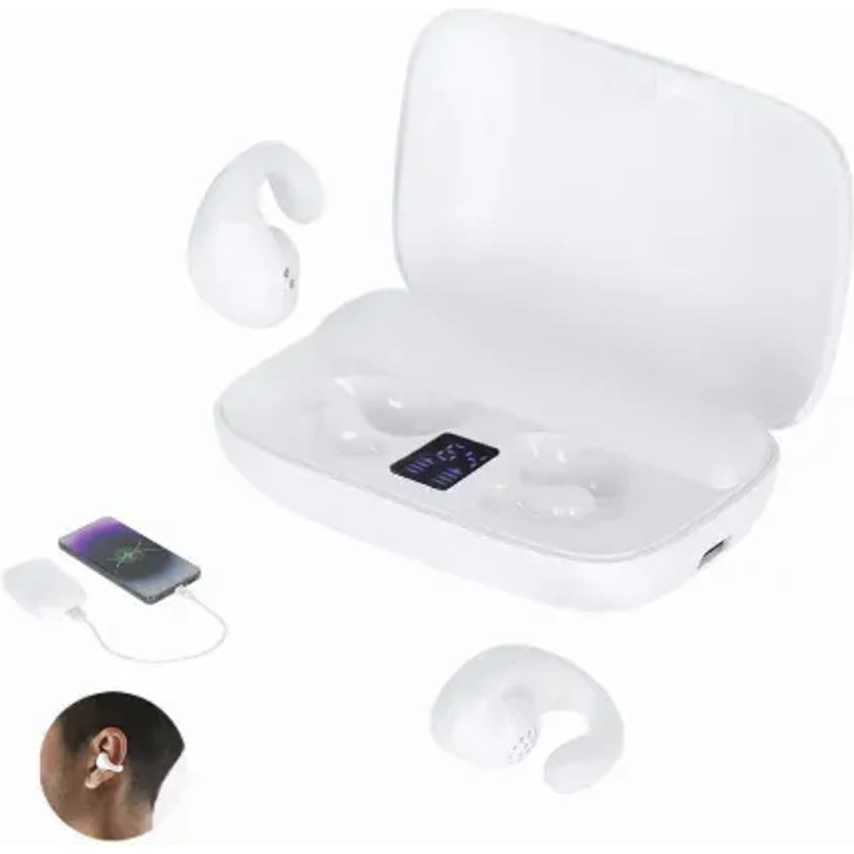 Wireless earbuds in a white charging case, with one earbud displayed outside the case and a smartphone charging.