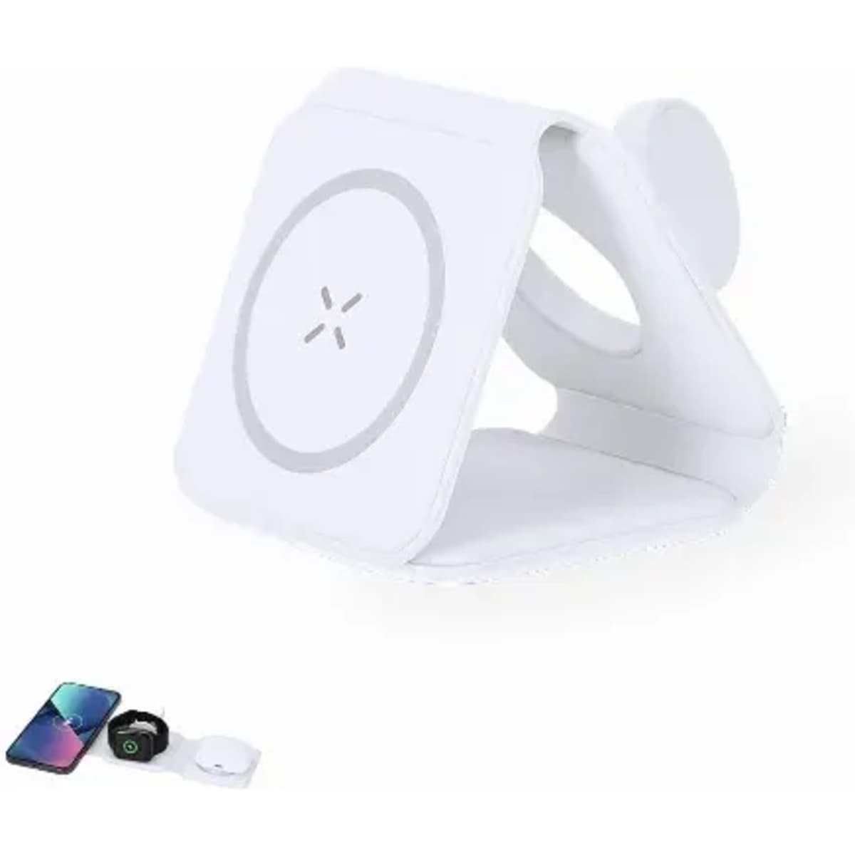A wireless charging stand in white, featuring a circular charging pad and an adjustable holder. Includes devices below.