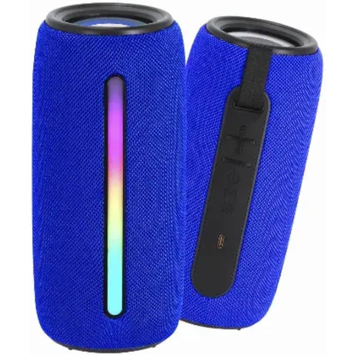 A drink bottle in a vibrant blue with a textured fabric finish and a black accent. It features a logo.