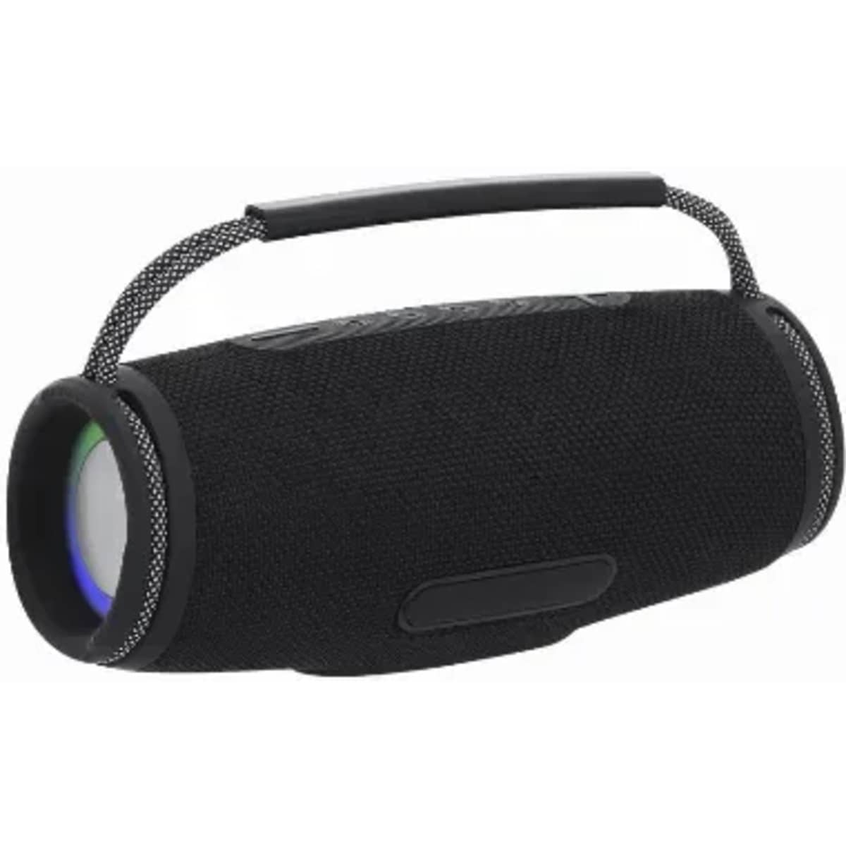 A portable speaker with a black fabric exterior and a carrying handle. Features a circular end and a logo.