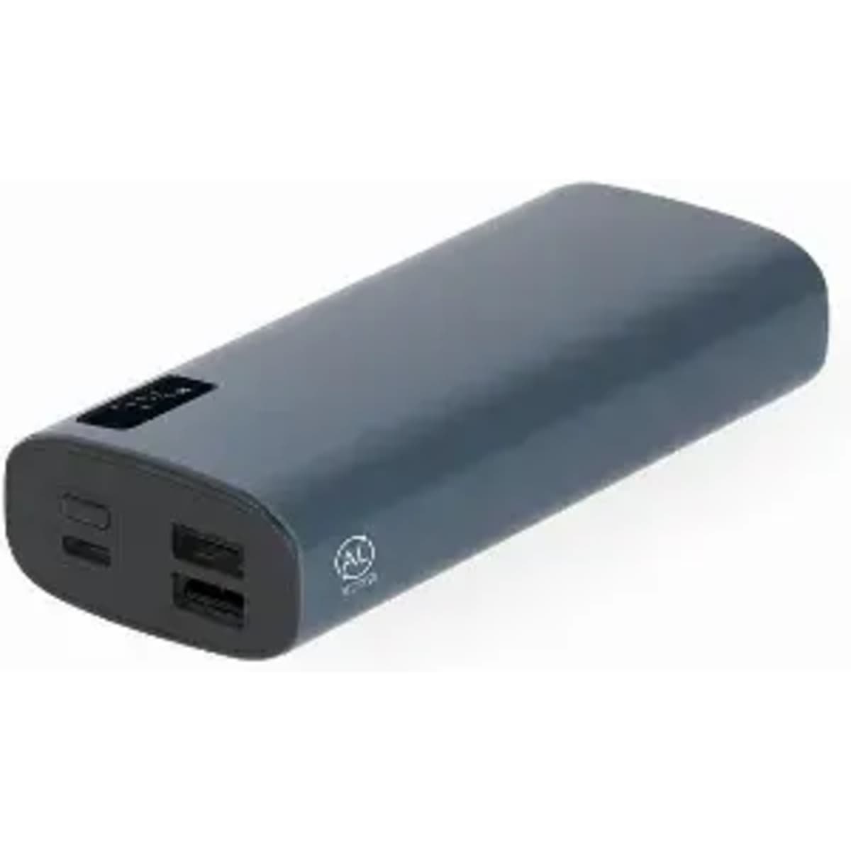 A portable charger in dark grey, featuring multiple USB ports and a logo on the side.