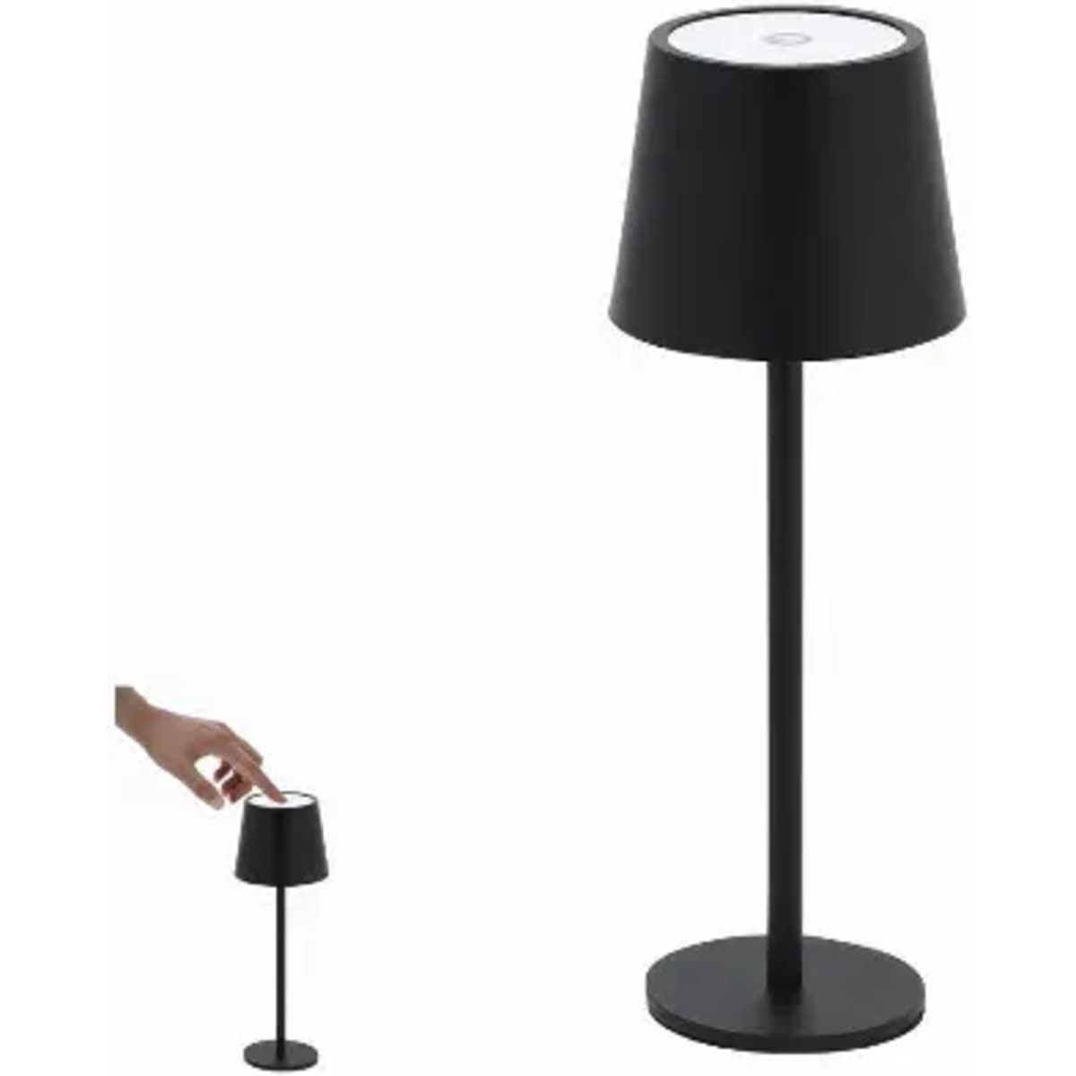 A black table lamp with a cylindrical stand and a wide shade, featuring a touch-sensitive base.