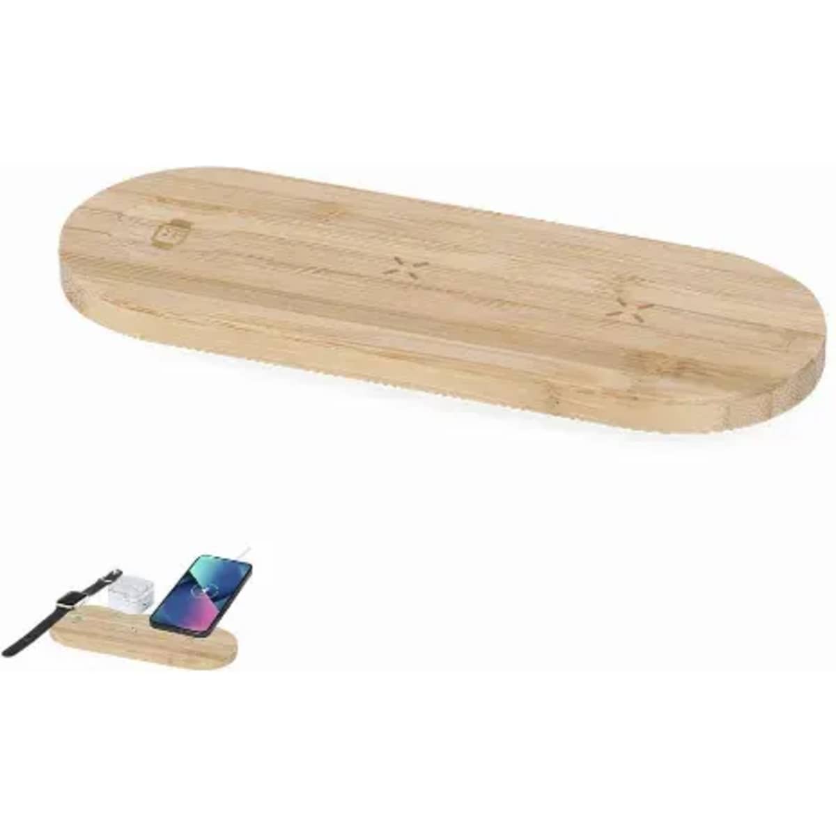 A bamboo wireless charging pad with a smooth oval design, featuring spaces for multiple devices.