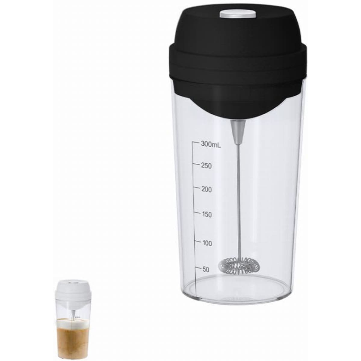 A drink bottle with a clear body, black lid, and a built-in frother, featuring measurement markings.