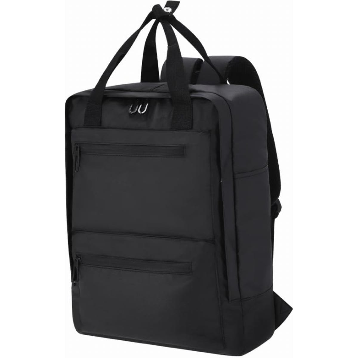 A black backpack with multiple compartments and adjustable straps. It features a logo on the front.