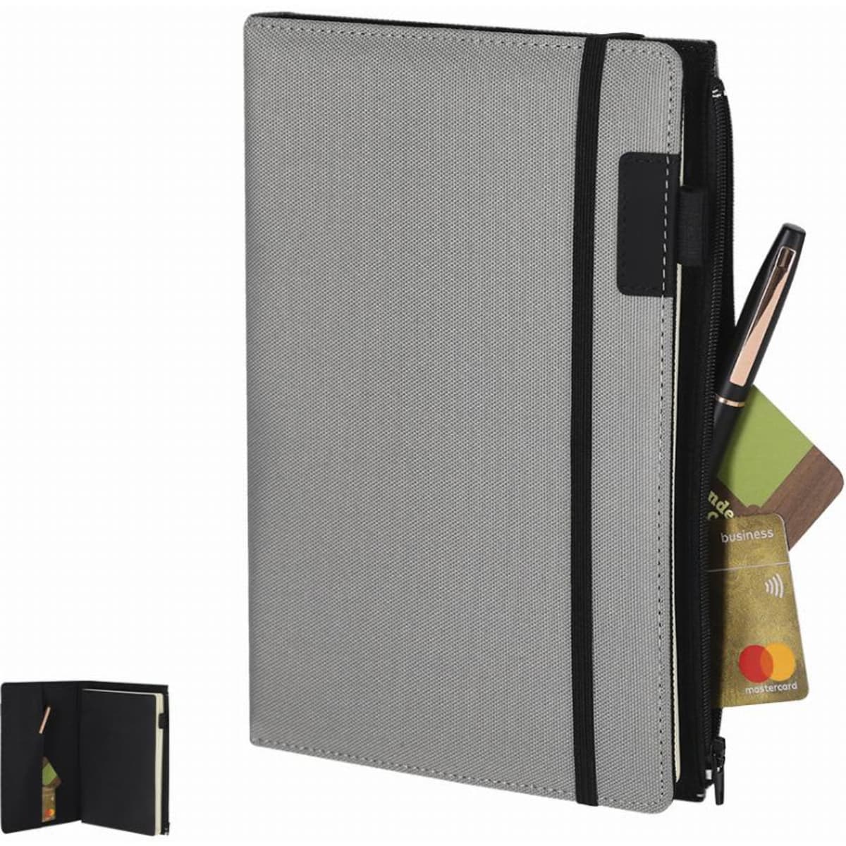 A grey notebook with a zip closure, featuring pockets for cards and a pen. It has a sleek, professional design.