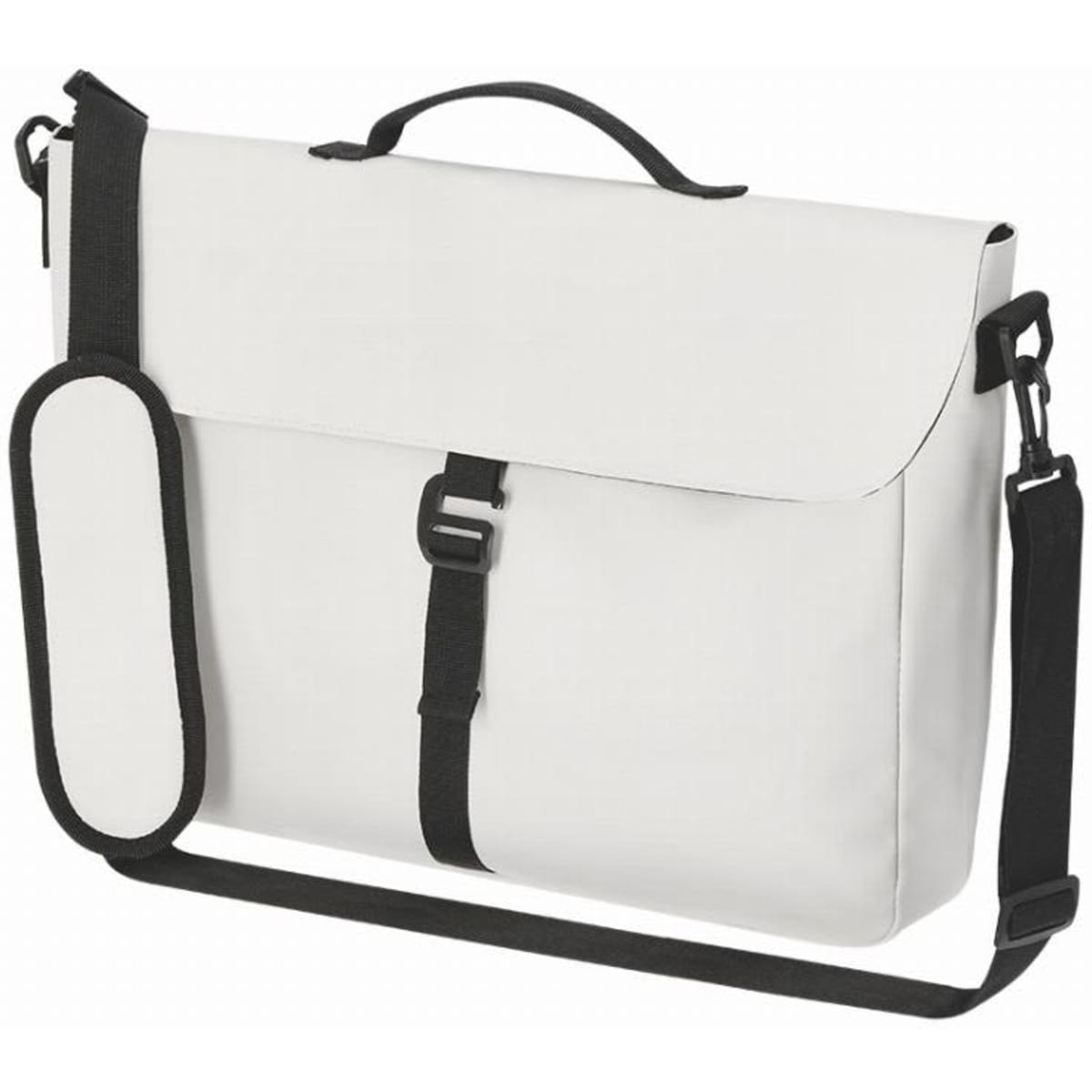 A messenger bag in white with a black shoulder strap and buckle closure, featuring a handle on top.
