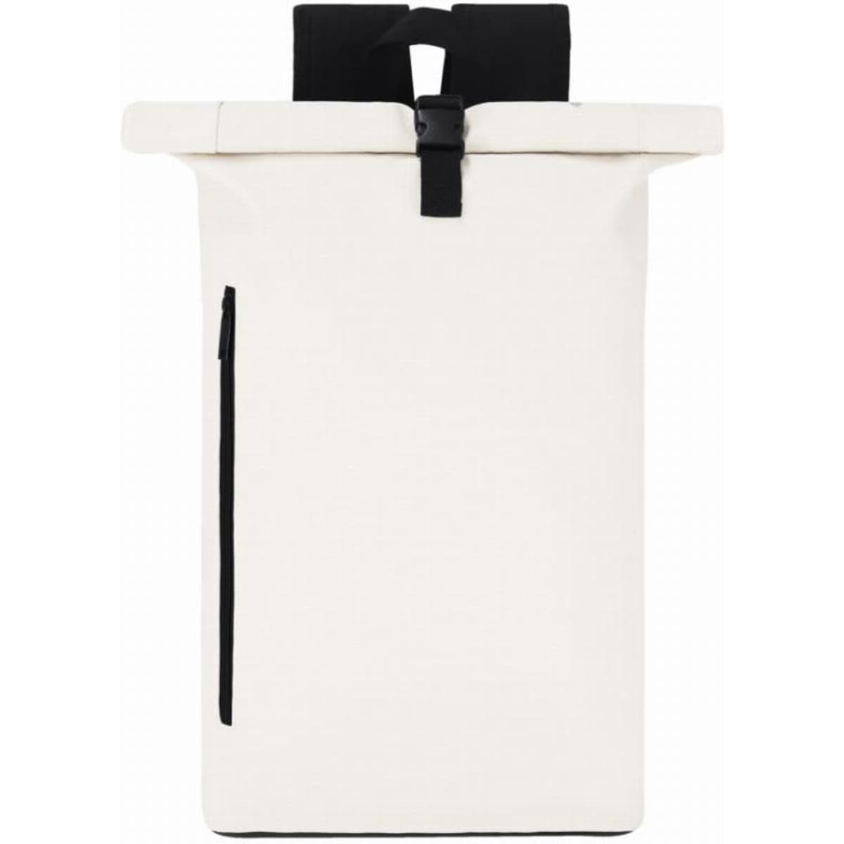 A backpack in white with a black top and strap, featuring a front zip pocket and a minimalist design.