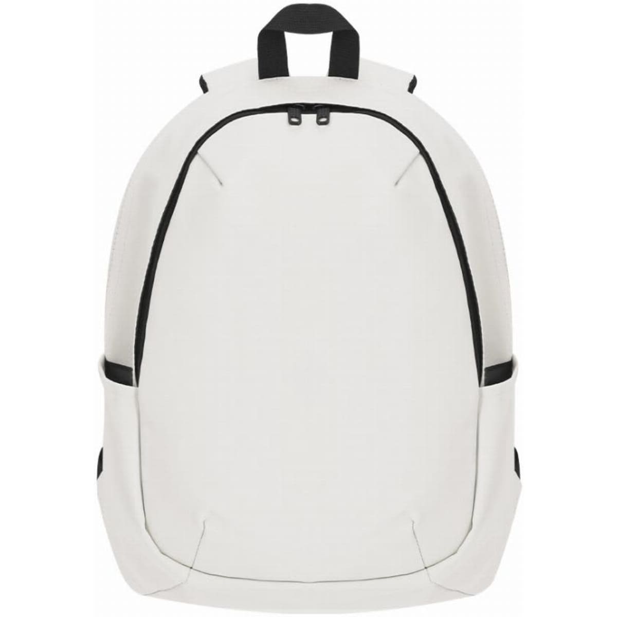 A backpack in white with black accents, featuring a minimalist design and two side pockets. It has adjustable straps.