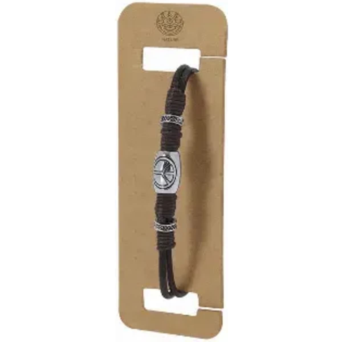 A bracelet featuring a central metal charm with detailing, set on a brown cord, displayed on a cardboard backing.