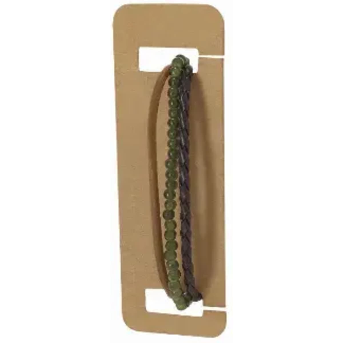 A set of bracelets in green and brown, displayed on a cardboard card with a logo.