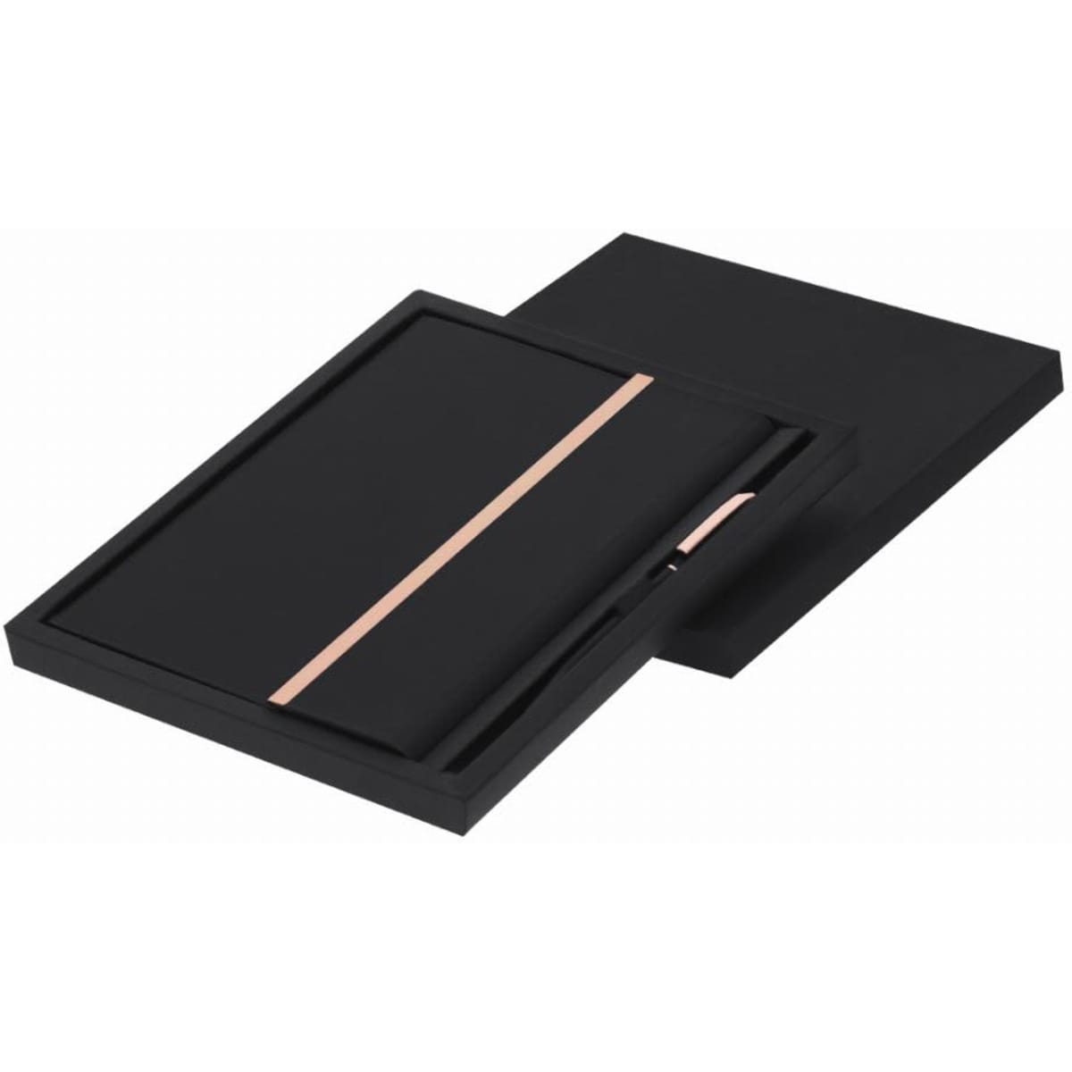 A black notebook and pen set presented in a sleek black box, featuring a rose gold accent on the notebook.