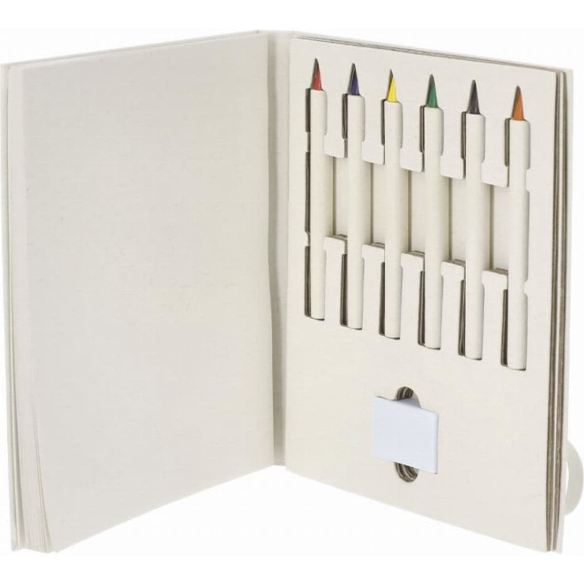 A stationery set featuring a blank notebook and seven coloured pencils, all in a simple, elegant design.