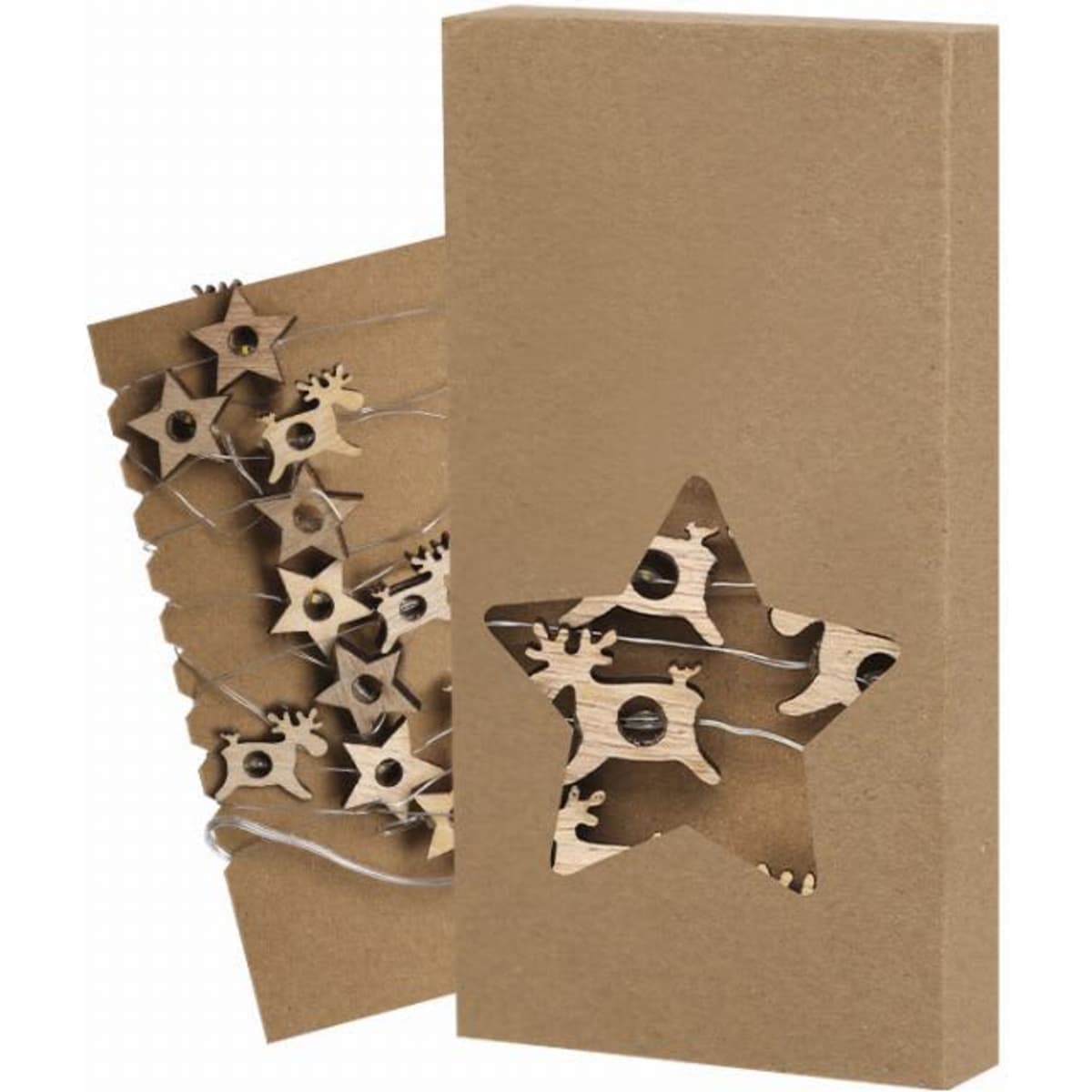 A decorative box containing wooden star ornaments, with a cut-out star design on the front.