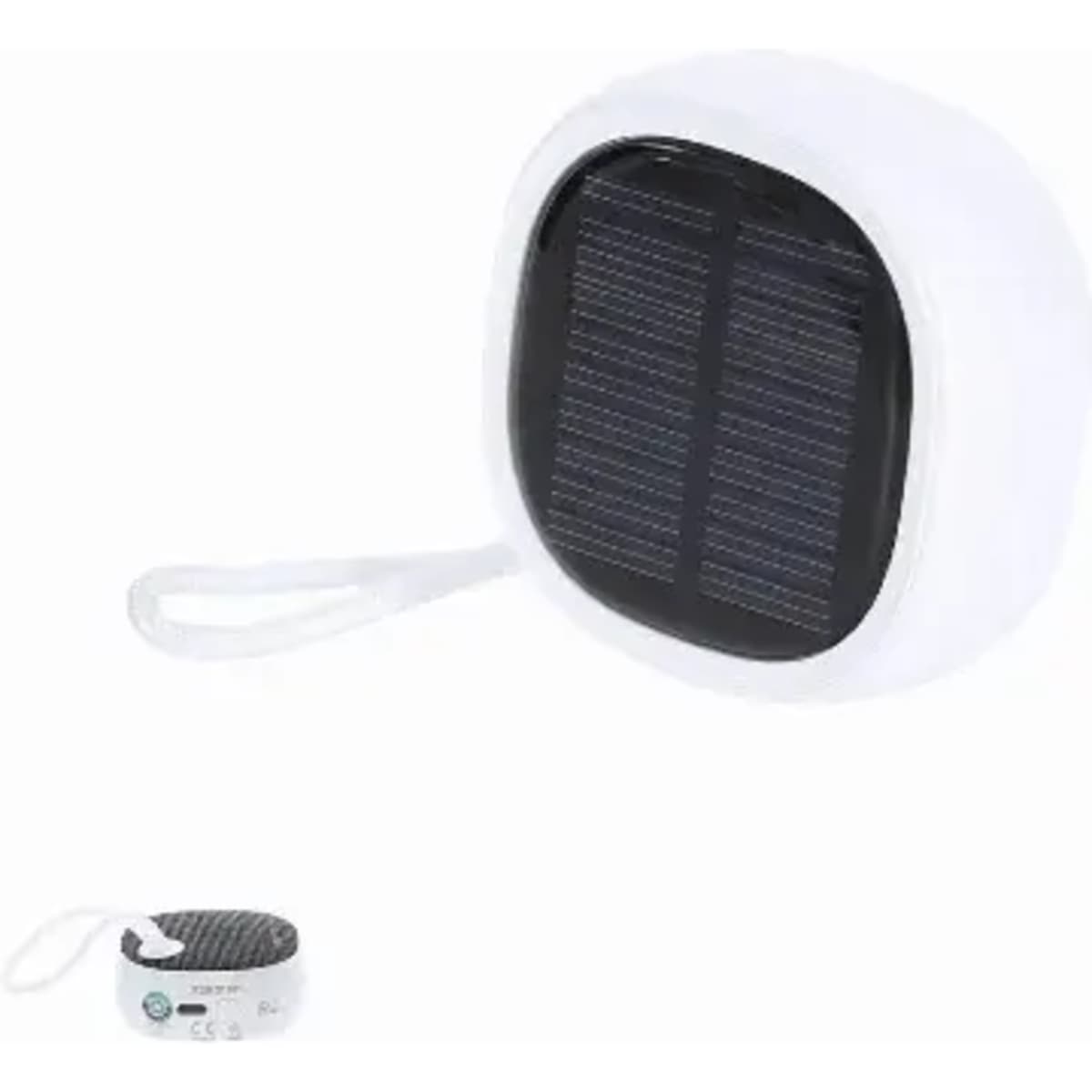 A solar-powered device with a white casing and dark solar panel on top, featuring a strap for easy carrying.