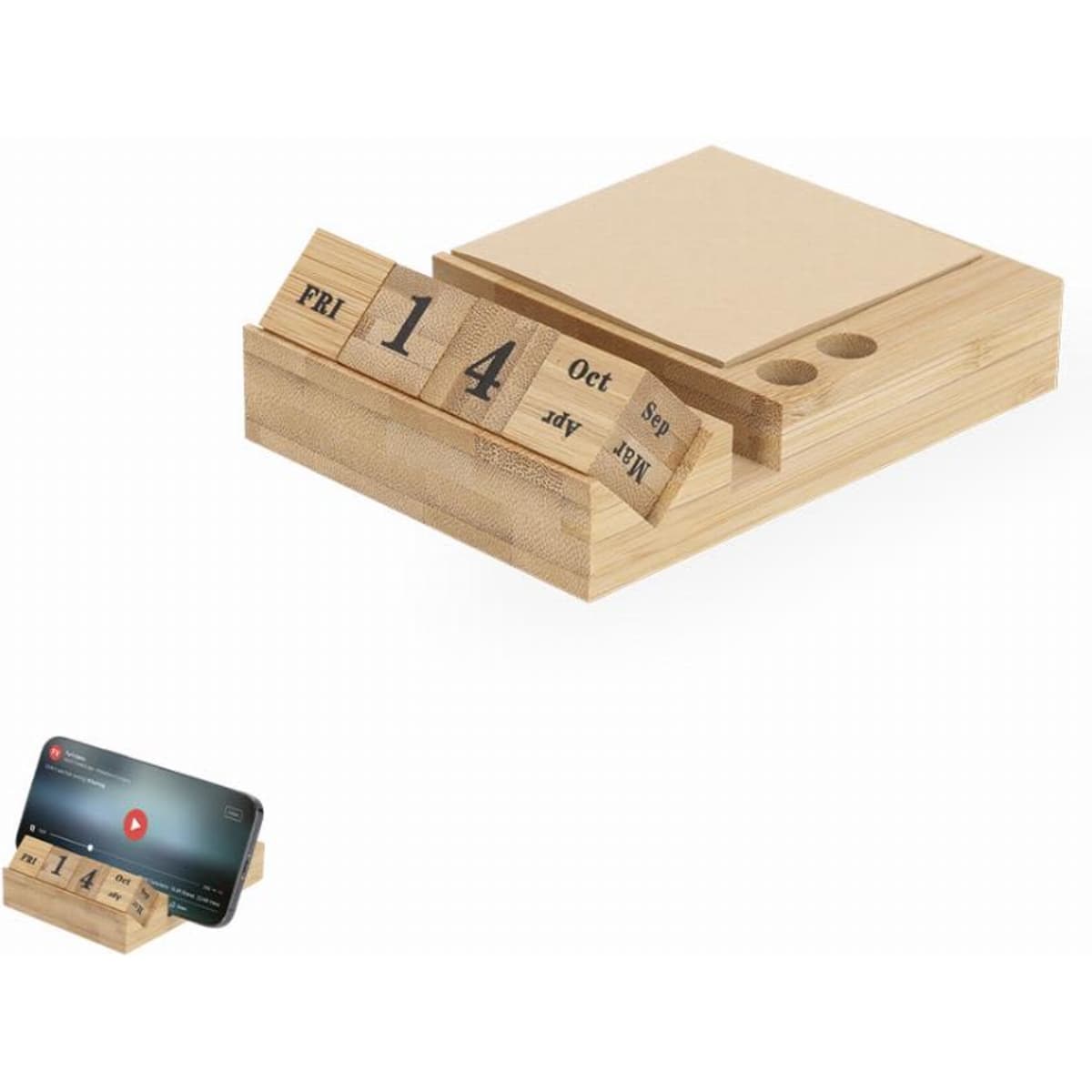 A wooden desk organiser with a calendar and a compartment for a phone, featuring natural wood tones.