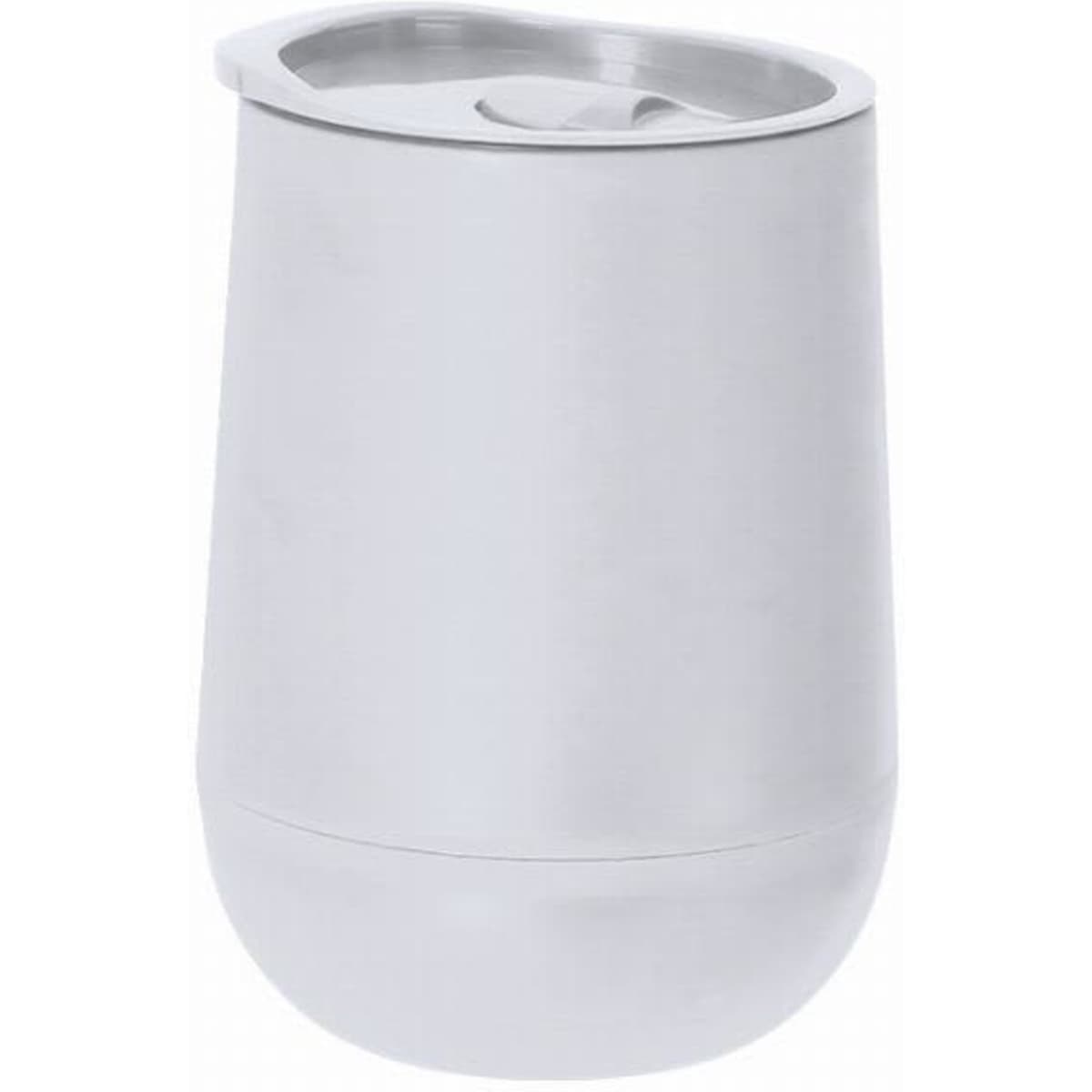 A drink bottle with a sleek, rounded design in silver, featuring a flip-top lid and a smooth finish.