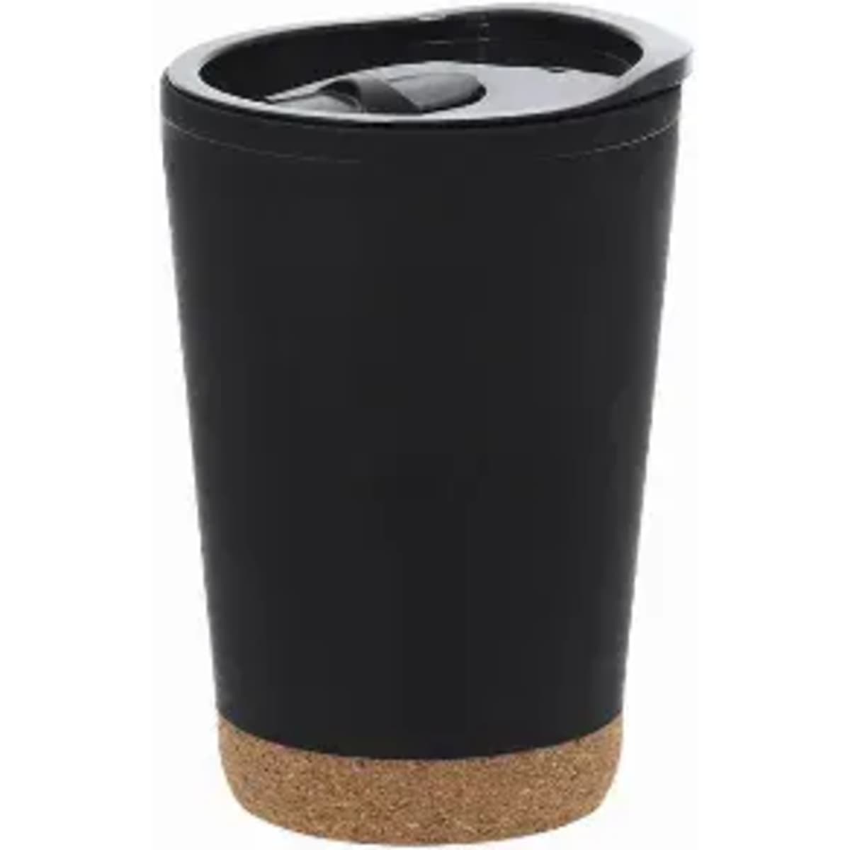 A drink bottle featuring a black body and cork base, with a lid and spout for easy drinking.