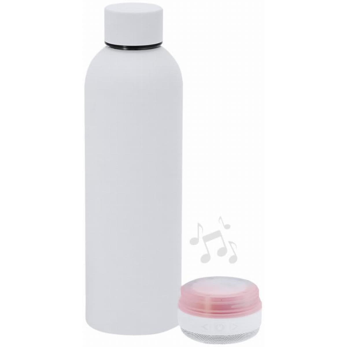 A drink bottle in white, accompanied by a small container featuring a pink lid.