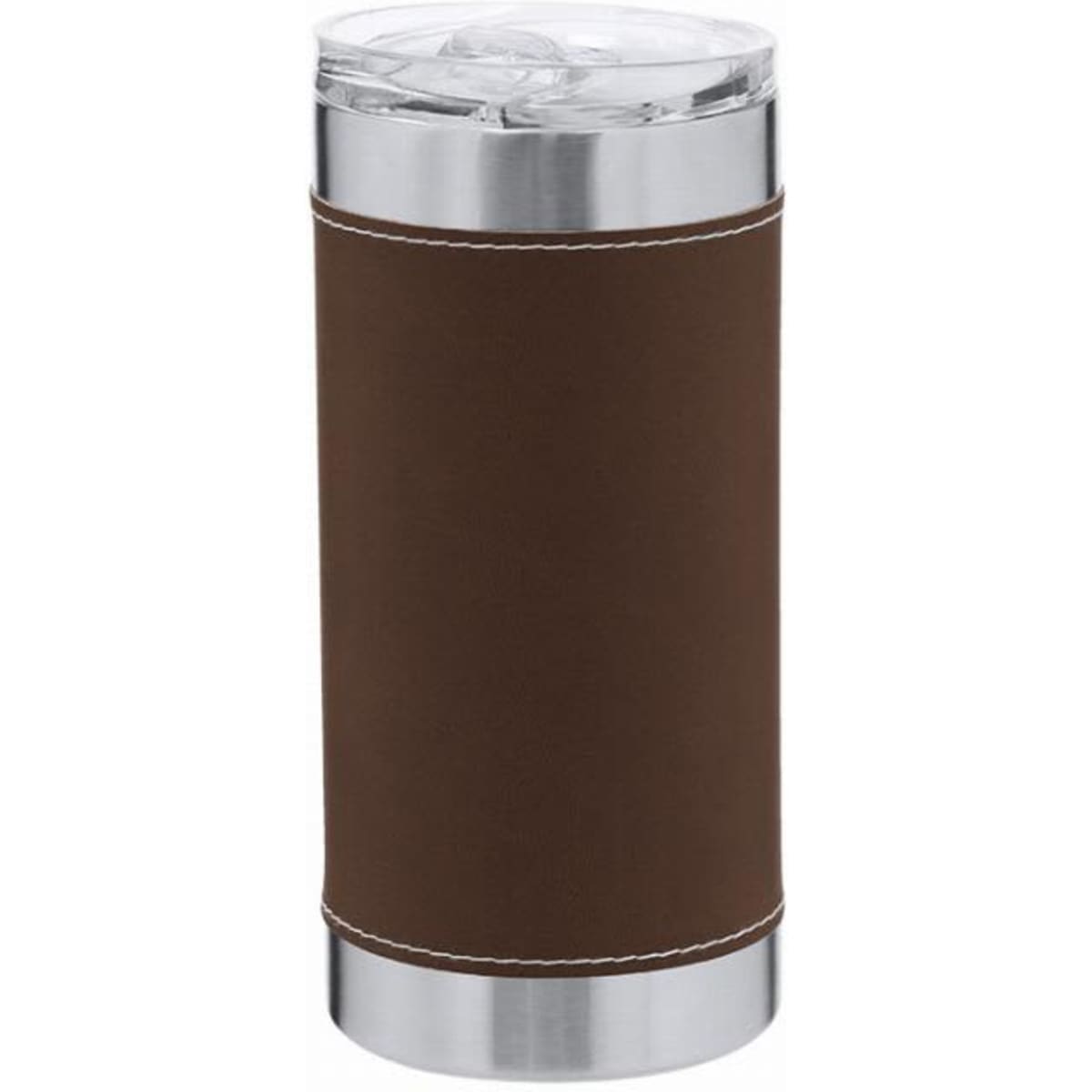 A drink bottle with a stainless steel top, featuring a brown leather sleeve for grip and style.