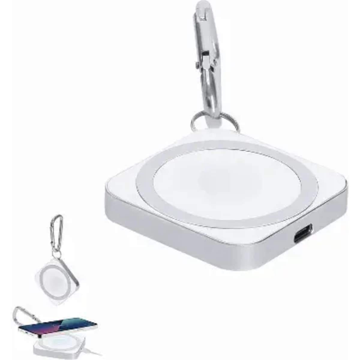 A wireless charging pad in white and silver, featuring a clip for easy attachment and a USB port.