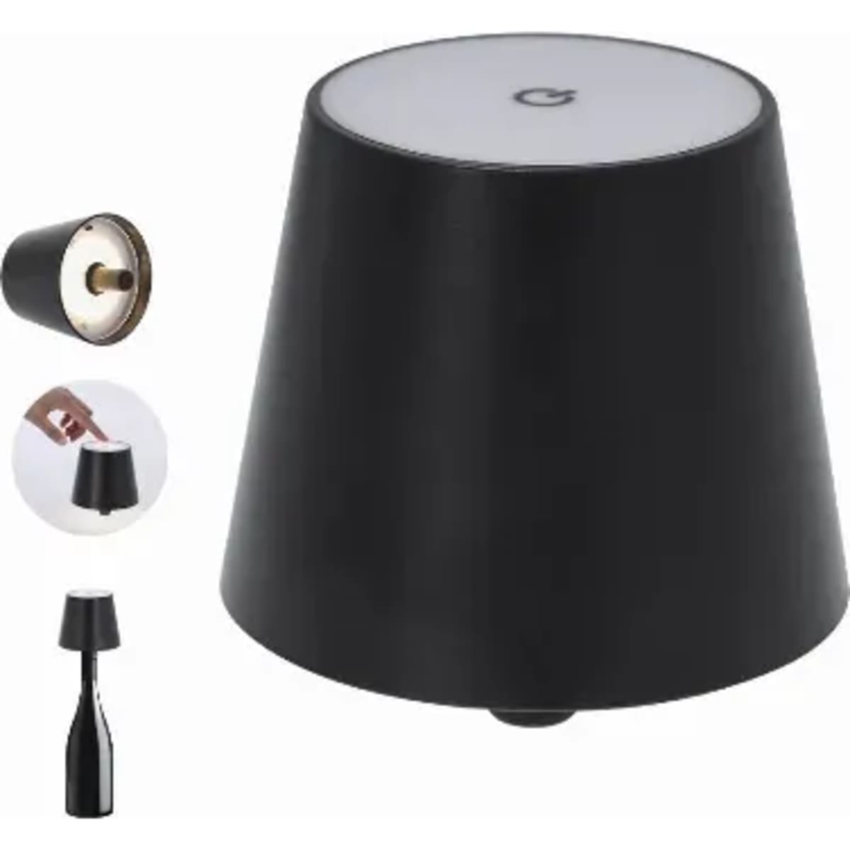 A black lamp with a conical shape, featuring a base and a light source on top. It has a brand logo on it.