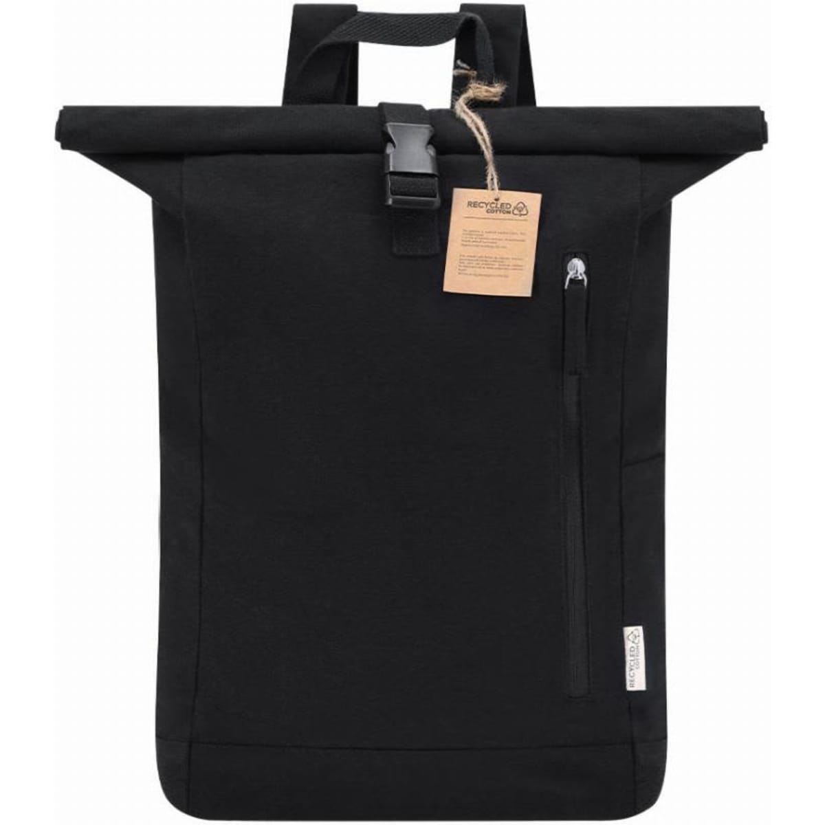 A black roll-top backpack featuring a front zippered pocket and a logo tag. The straps are adjustable.