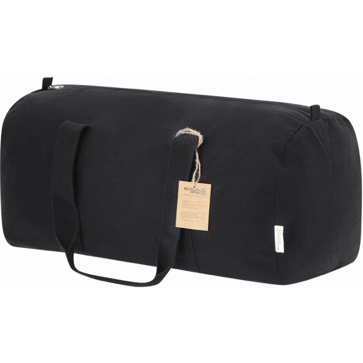 A duffle bag in black, featuring dual handles and a natural tag. Simple, rounded design suitable for various uses.