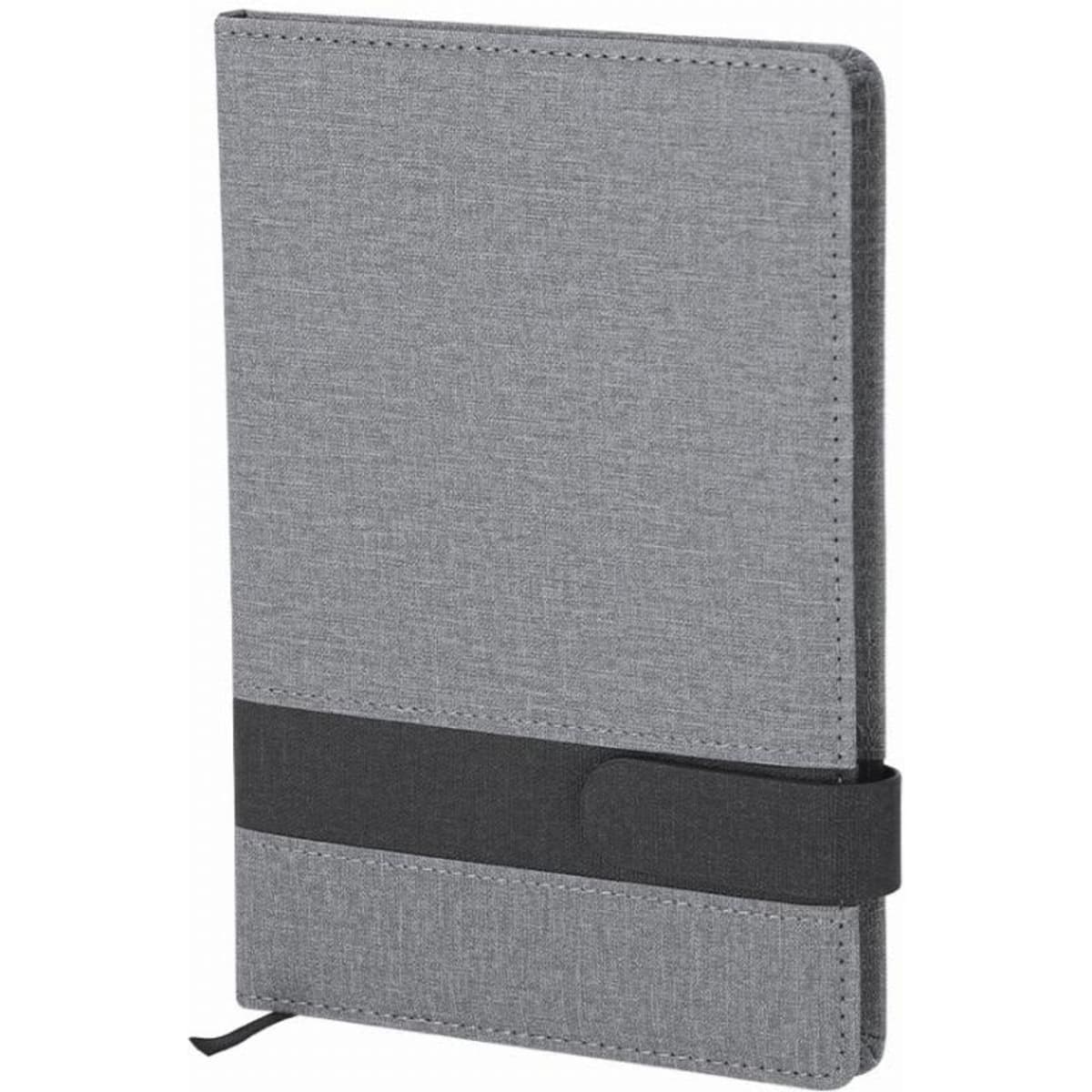A notebook with a grey cover, featuring a black elastic band for closure and a textured finish.