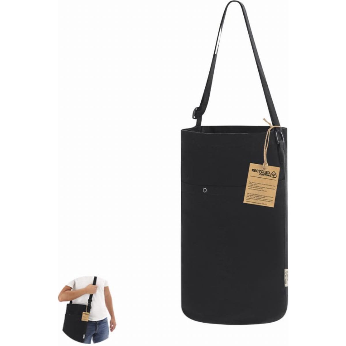 A black reusable tote bag with a long strap, featuring a front pocket and a tag attached.
