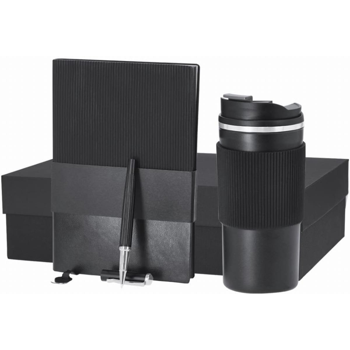 A black gift set featuring a notebook, pen, and a drink bottle, all packaged in a black box.