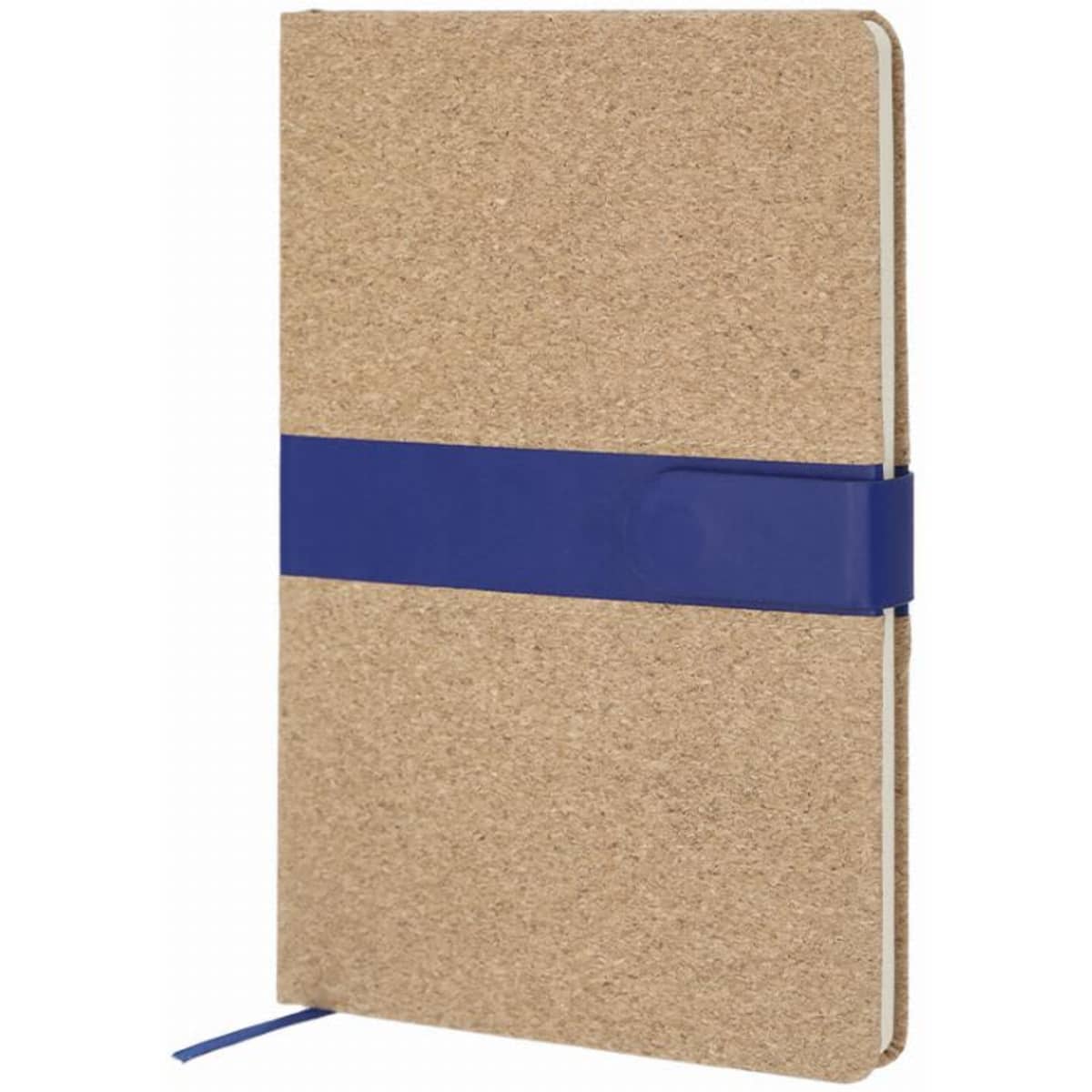 A notebook with a brown kraft cover and a blue elastic band, featuring a ribbon bookmark.