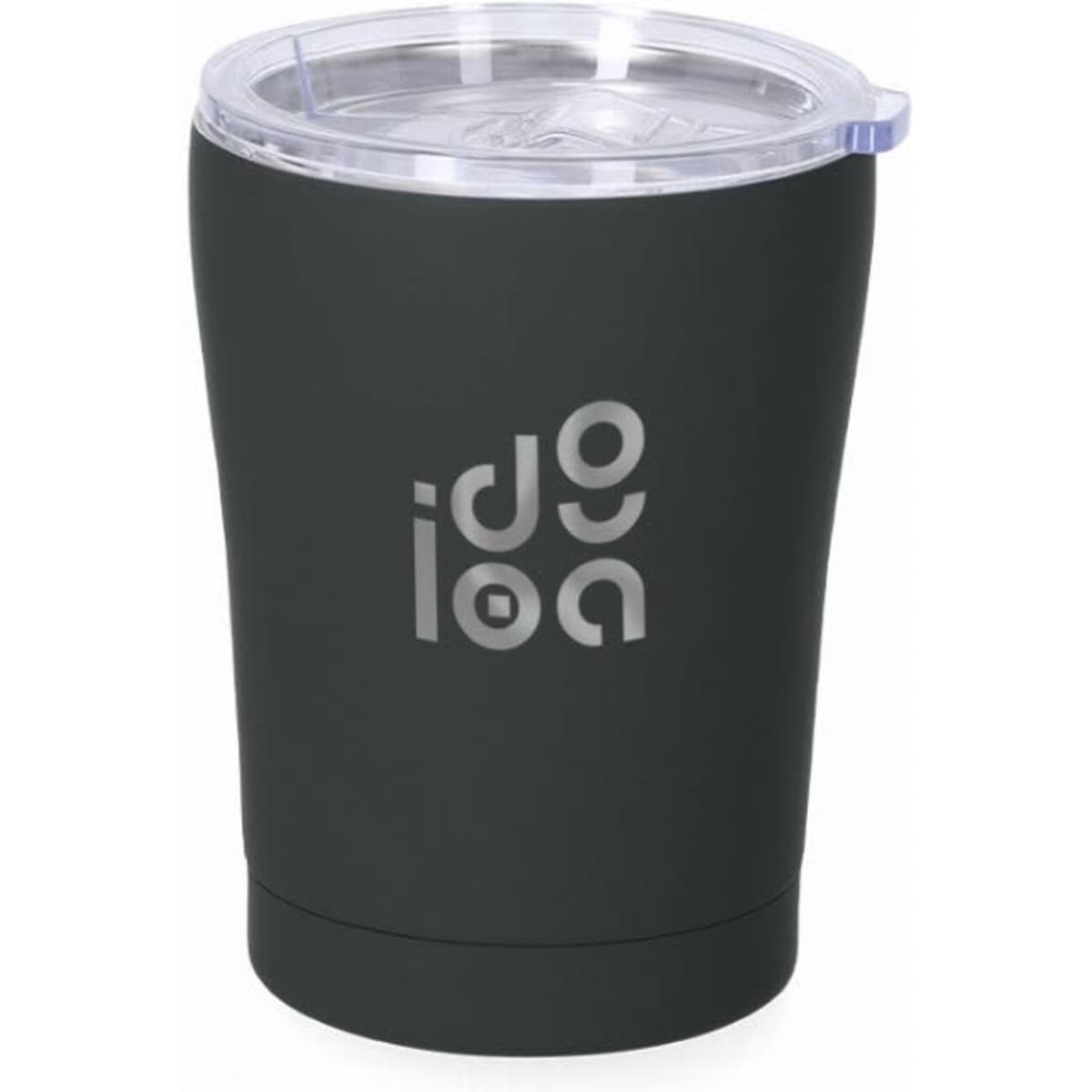 A drink bottle in matte black with a transparent lid and a logo on the surface.