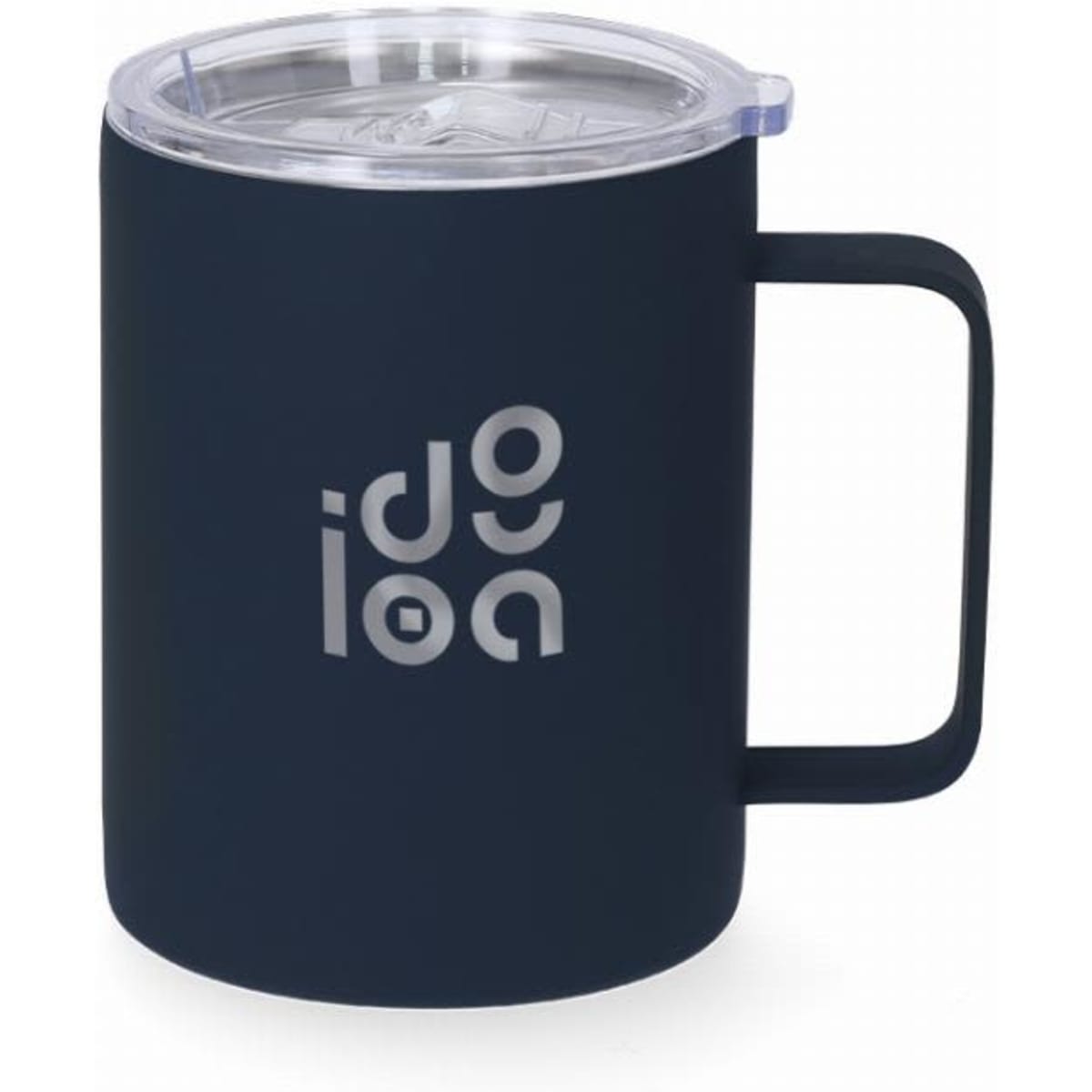 A drink bottle with a dark navy colour, featuring a clear lid and a sturdy handle. It has a logo on the front.