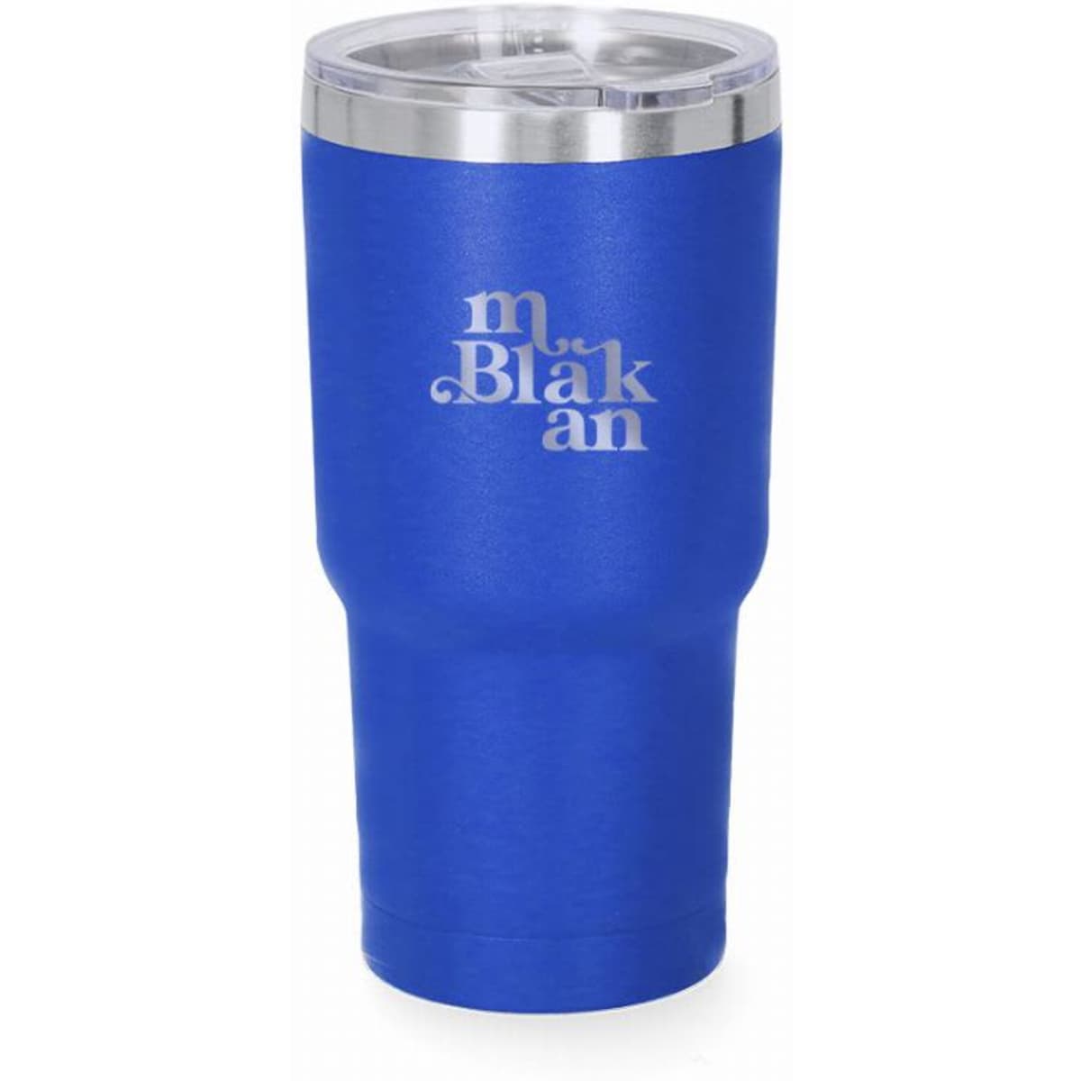 A drink bottle in bright blue with a silver lid and a logo on the front.