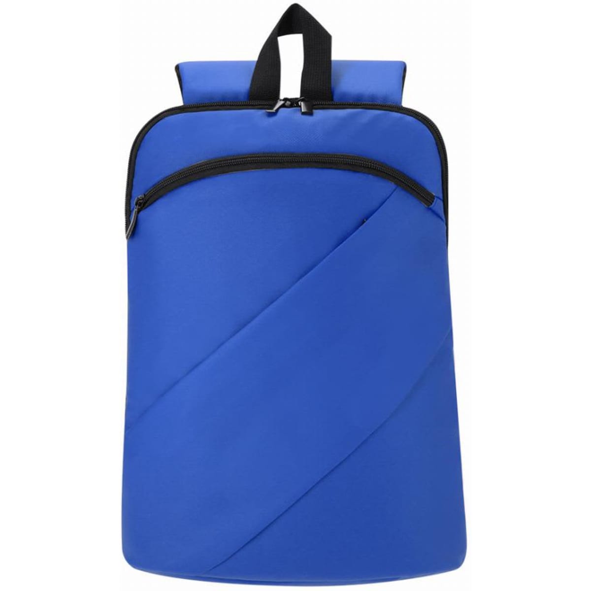 A blue backpack with a diagonal design and a front zip pocket, featuring a top handle for carrying.