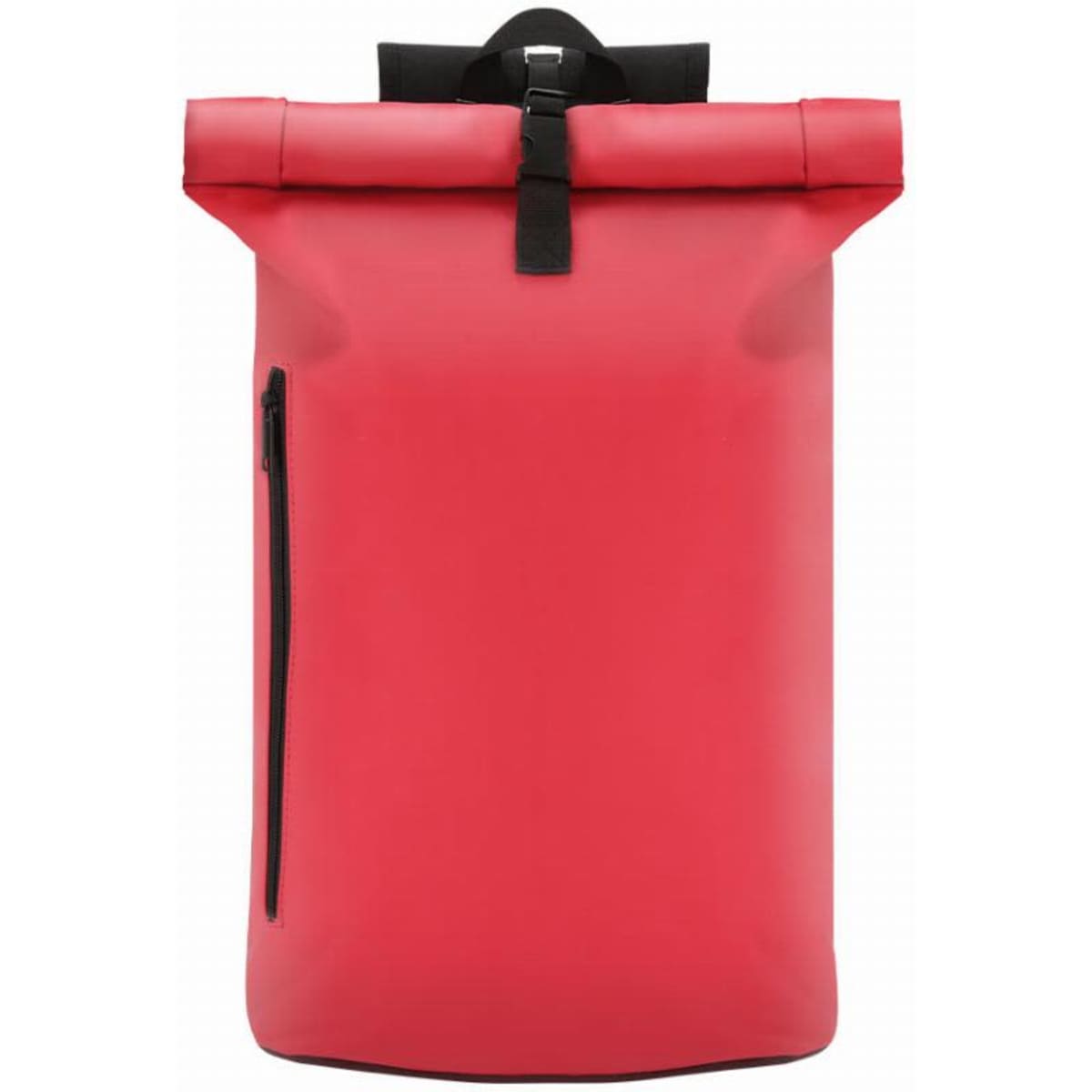 A red roll-top backpack with a side zip pocket and a black strap. It features a sleek, waterproof design.