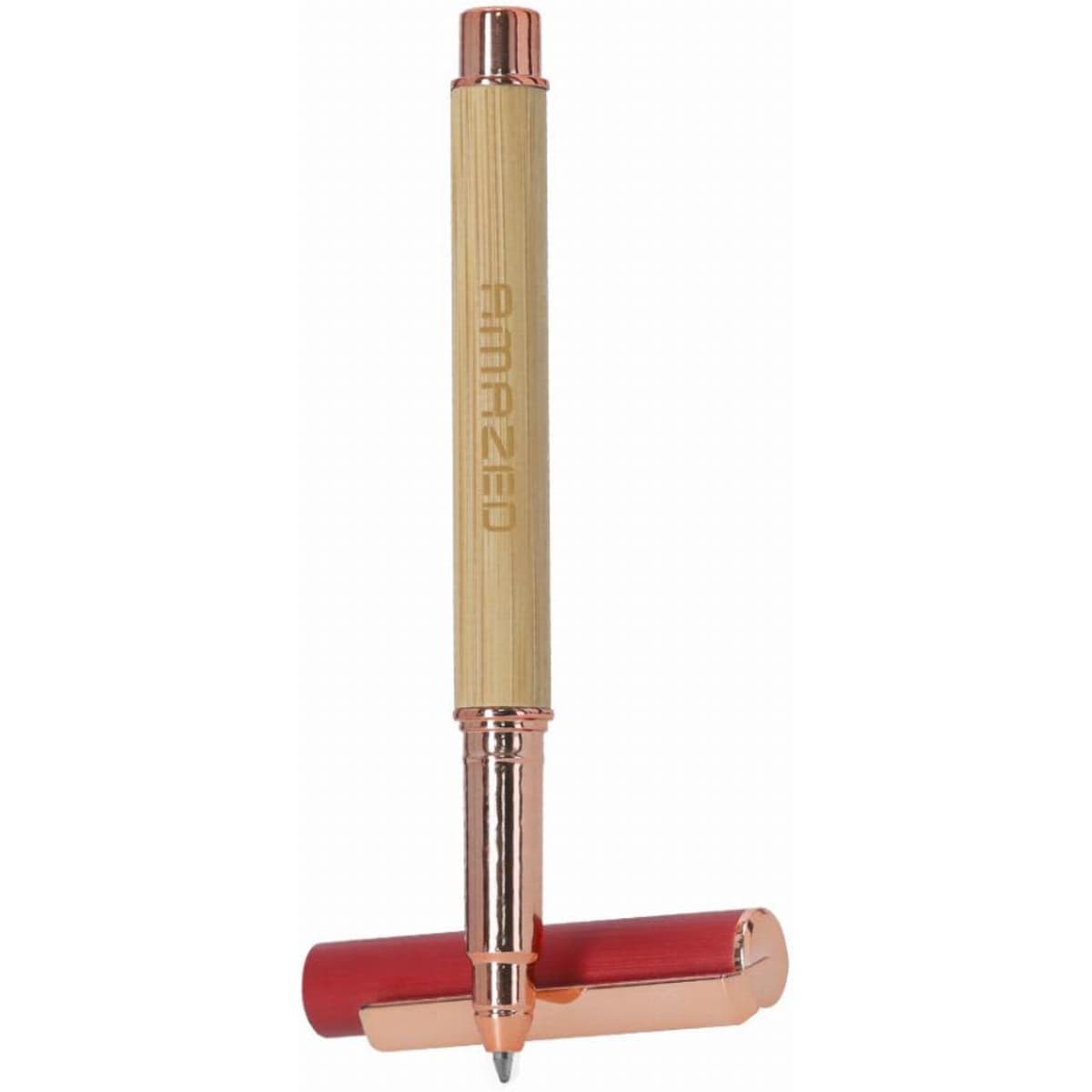 A pen with a bamboo barrel and rose gold accents, featuring a red cap and branding on the barrel.