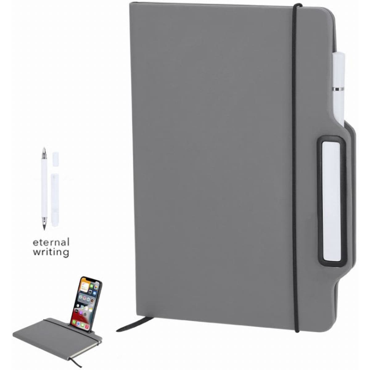A notebook with a grey cover, featuring a pen holder and a slot for a smartphone. It has a logo on the front.