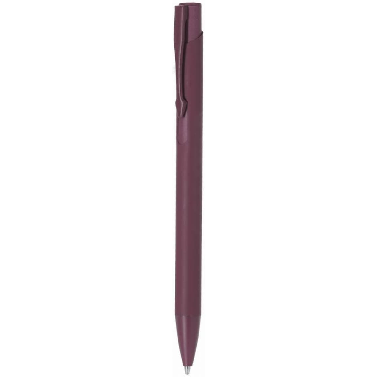 A pen in a dark burgundy colour with a sleek design and a clip for attachment.