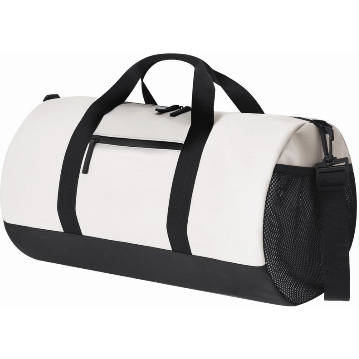 A duffle bag featuring a white body with a black base and straps, including a side mesh pocket.