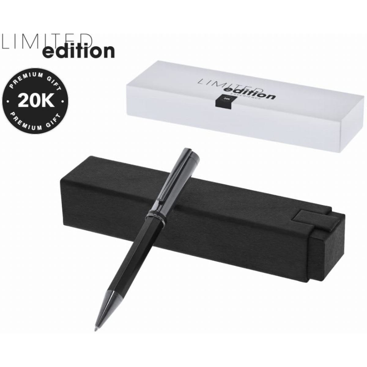 A sleek black pen sits in a black gift box, accompanied by a white outer box, featuring a logo.