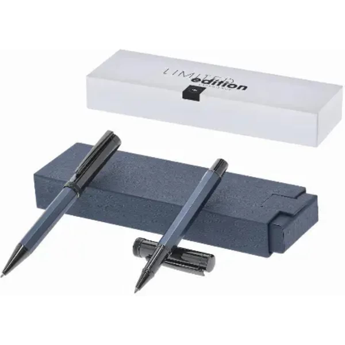 A set of two pens in a dark grey colour, presented in a sleek white box with a lid.