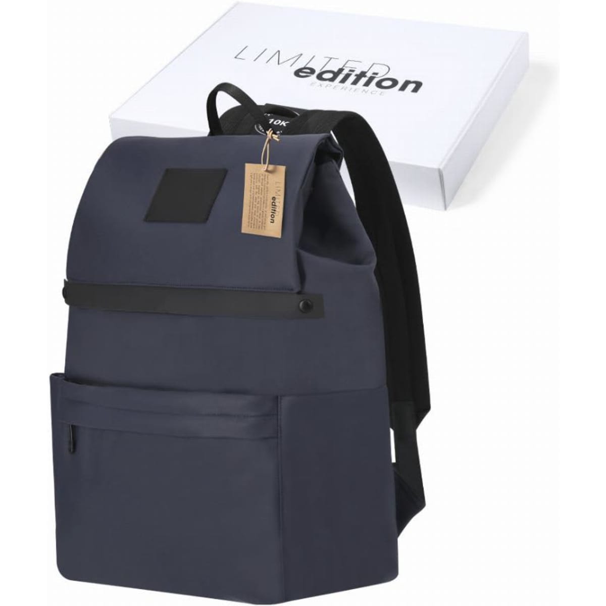A navy blue backpack with a textured front panel, featuring a label tag and a box in the background.