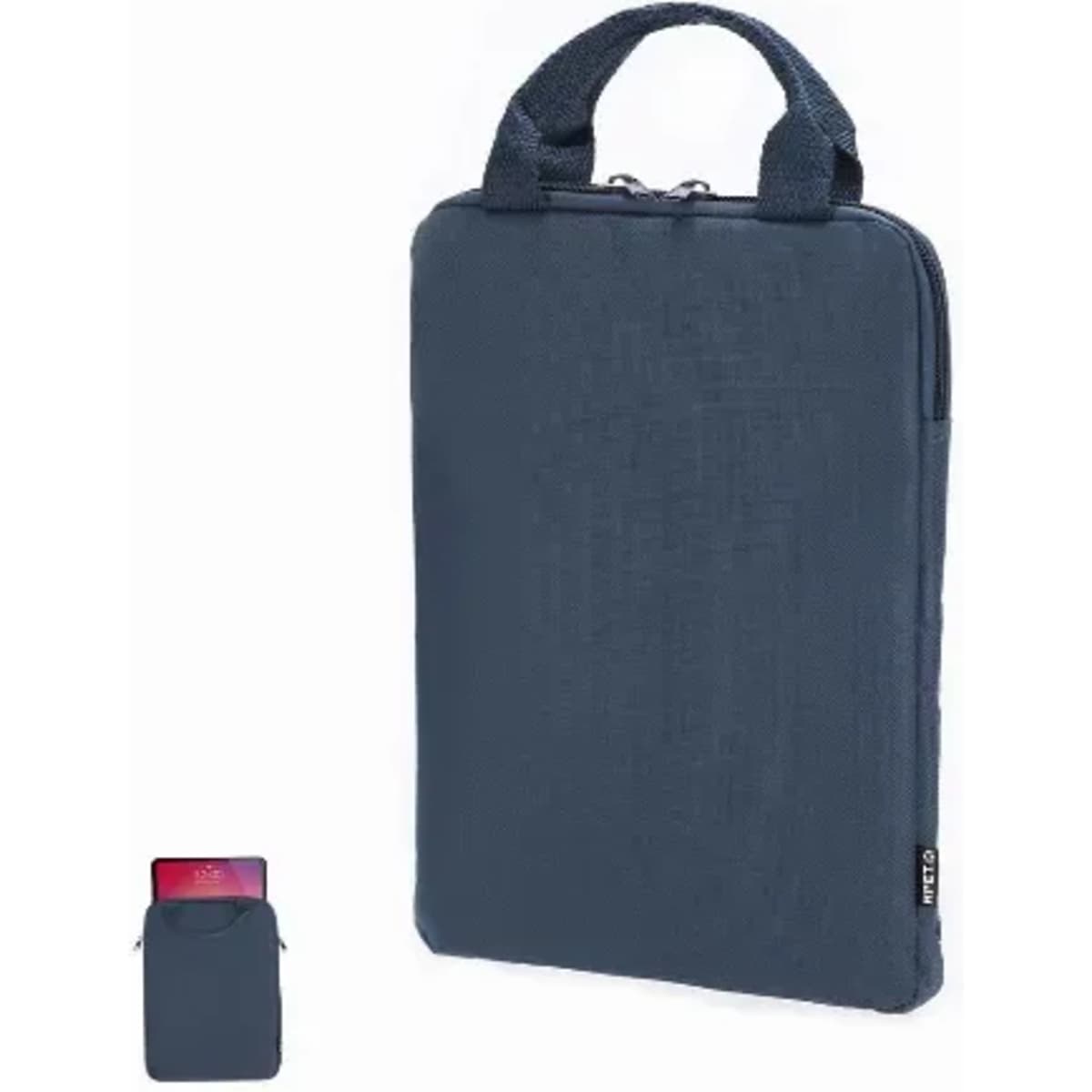 A laptop sleeve in navy blue with a textured finish and dual handles for easy carrying. It has a zip closure and branding.