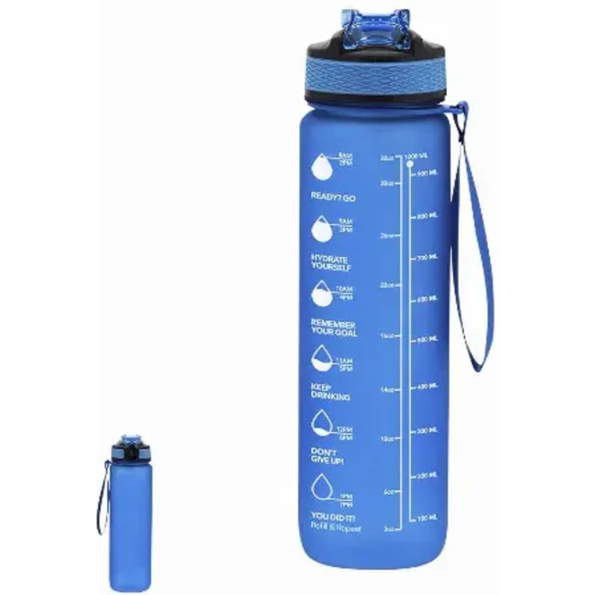 A blue drink bottle with measurement markings and a flip-top lid, featuring a textured grip and a carrying strap.
