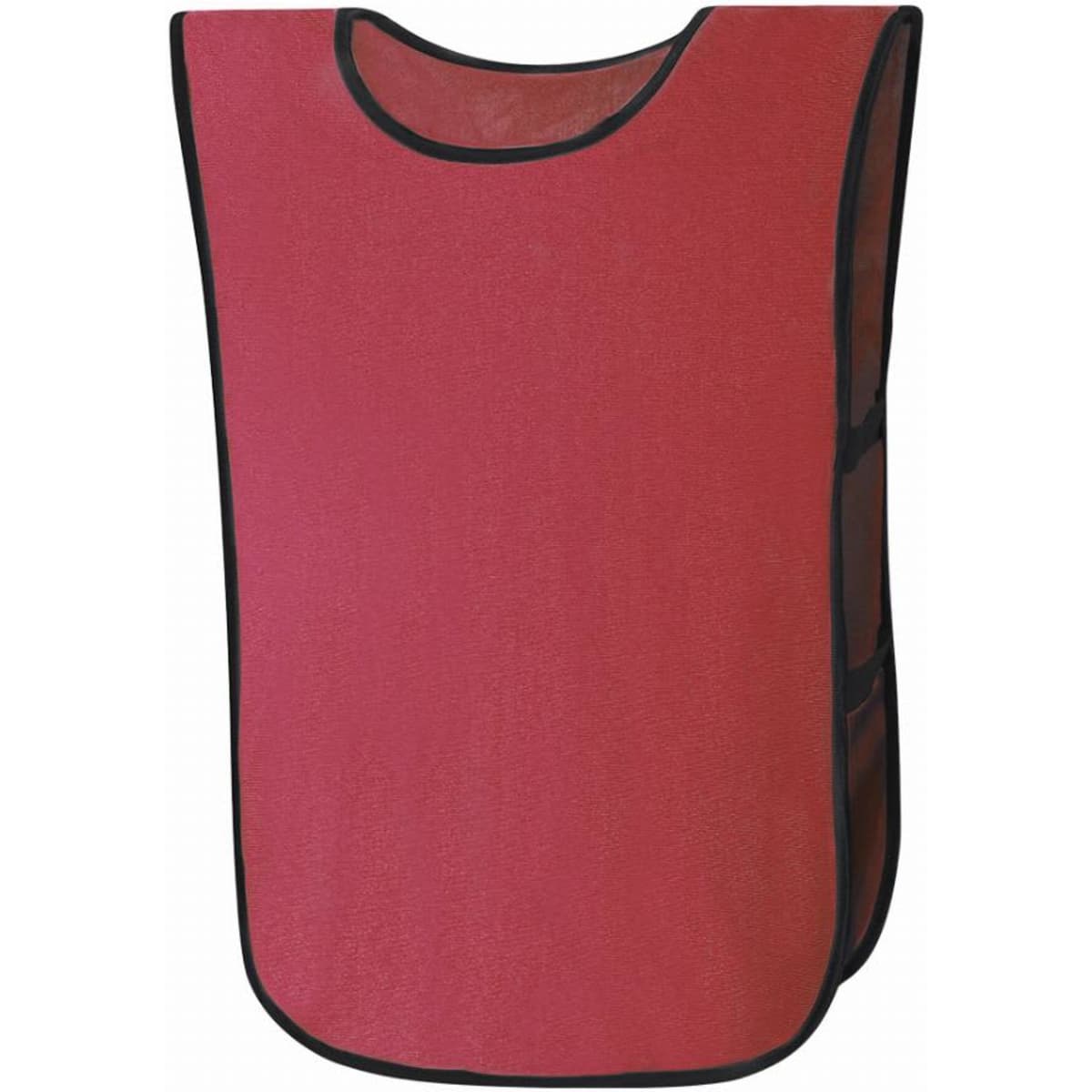 A red training bib with black trim, featuring openings at the sides for ease of wear.